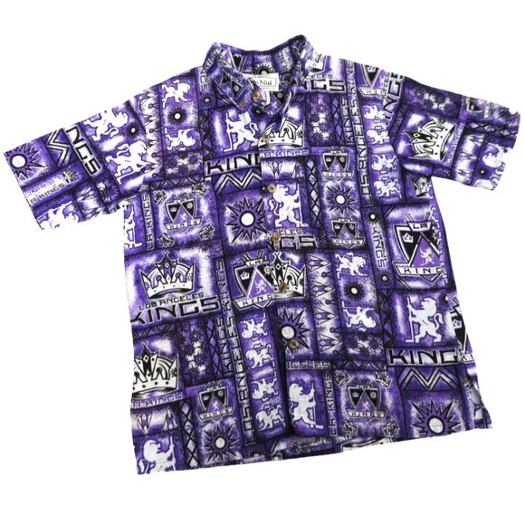 Vintage Hawaiian Ke Nui Bark Cloth Boys Shirt LA Los Angeles Kings Patchwork USA